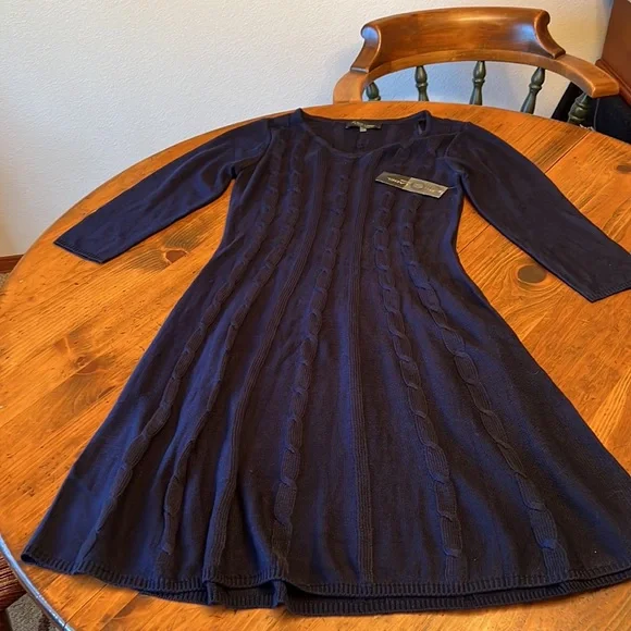 NWT Black Label by Evan Picone Navy Blue Long Sleeve Knitted Sweater Dress Large - Picture 1 of 13